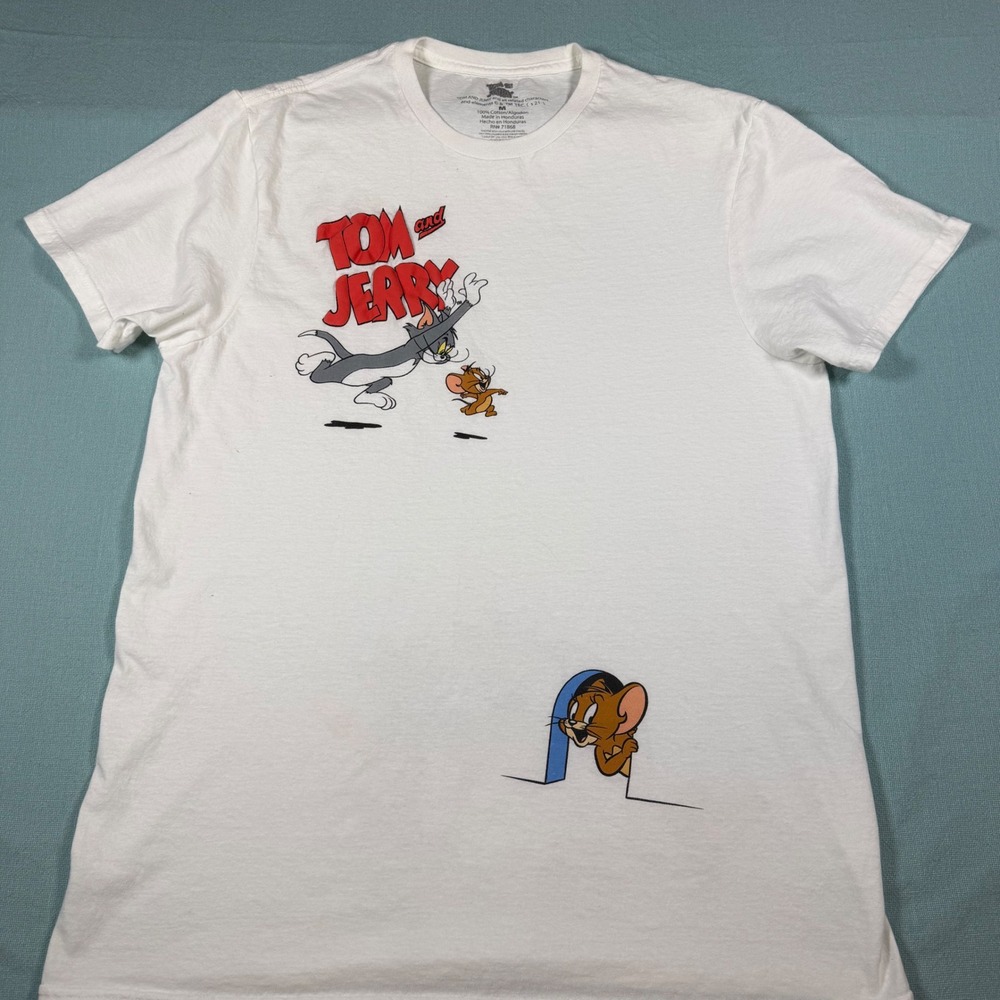 Tom and Jerry Graphic T-Shirt Mens Medium White Spike Bulldog Cartoon Retro Tee